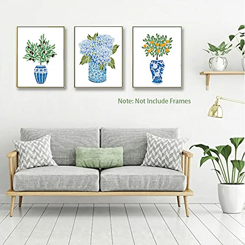 Chinoiserie Plant Wall Art Print, Chinese Blue White Porcelain Vase Canvas Wall Art (8"x10"x6 pcs, Unframed), Watercolor Flowers Botanical Plant Art Print for Bedroom Farmhouse Garden Decoration