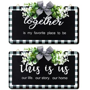 2 pcs buffalo plaid wooden sign wall decor 6.3×12 inch rustic buffalo plaid signs black and white vintage farmhouse decor for home dining room restaurant (this is us our life our story/ together)