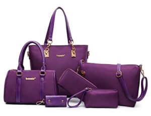 yaqunicer women pu leather handbags tote shoulder bags top satchel purses 6pcs handbag set clutch wallet-purple