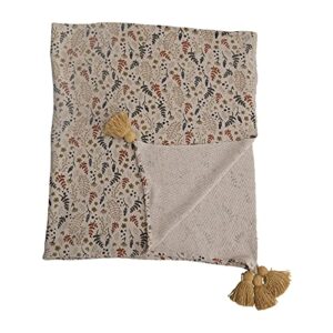 creative co-op woven recycled cotton blend printed blanket with neutral floral pattern and tassels throw, multicolored