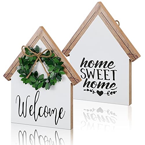 2 Pieces Wood Sign Home Sweet Home Tiered Tray Decor Farmhouse Decor Home Sign Shelf Decor House Shape Double-sided Home Sweet Home Decor Home Sign for Living Room Window Shelf Desk Office