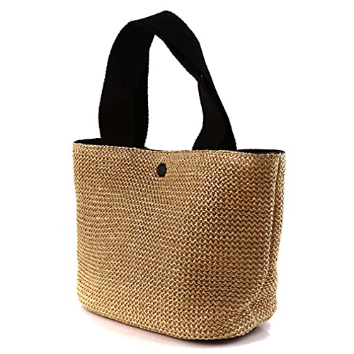 1 Piece Summer Beach Rattan Bag Handwoven Shoulder Bags with Wide Shoulder Strap Women Straw Woven Tote (Black Handle)