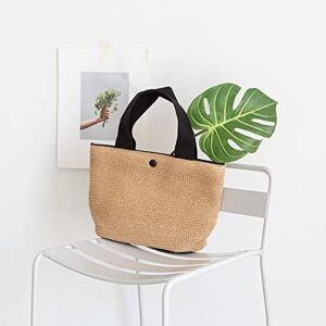 1 Piece Summer Beach Rattan Bag Handwoven Shoulder Bags with Wide Shoulder Strap Women Straw Woven Tote (Black Handle)