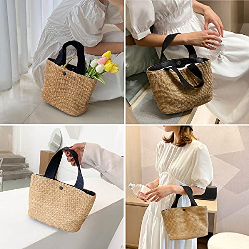 1 Piece Summer Beach Rattan Bag Handwoven Shoulder Bags with Wide Shoulder Strap Women Straw Woven Tote (Black Handle)