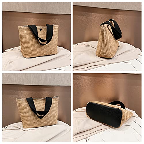 1 Piece Summer Beach Rattan Bag Handwoven Shoulder Bags with Wide Shoulder Strap Women Straw Woven Tote (Black Handle)