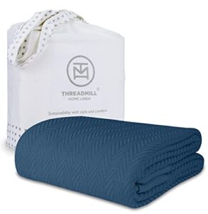 threadmill luxury cotton blankets for king size bed | all-season cozy 100% cotton king size blanket | herringbone soft & lightweight fall thermal blanket fits cal king size bed | folkstone blue