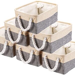 TOPZEA 6 Pack Fabric Storage Baskets, Foldable Storage Bin with Rope Handles Linen Storage Basket for Shelves, Closet Organizing, Cloth Storage Baskets, 12" x 8" x 5", Grey