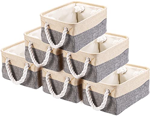 TOPZEA 6 Pack Fabric Storage Baskets, Foldable Storage Bin with Rope Handles Linen Storage Basket for Shelves, Closet Organizing, Cloth Storage Baskets, 12" x 8" x 5", Grey