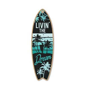 honey dew gifts livin’ the dream, 5 inch by 16 inch surfboard, wood sign, tiki bar decoration, beach themed decor, decorative wall sign, home decor