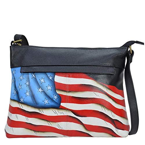 Anna by Anuschka Women s Anna Handpainted Anuschka Women Genuine Leather Medium Crossbody Handbag Hand Painted Exterior Stars and Stripe, Stars Stripes Black, One Size US