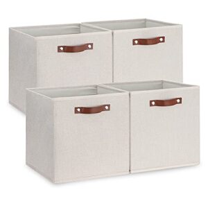 temary fabric storage cubes storage bins with dual leather handles, 4 pack cube baskets 13×13 foldable cube organizers for shelves, home, office, nursery