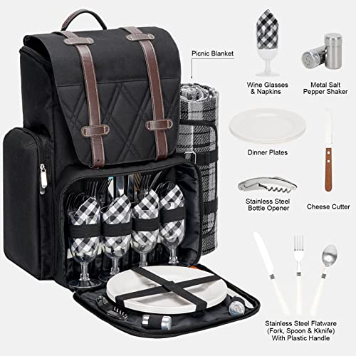 Picnic Backpack for 4 Person with Large Insulated Cooler Bag, Picnic Basket Set with Wine Pouch, Waterproof Picnic Blanket & Cutlery Set. Perfect for Beach, Camping, Party,Wedding Gift for Couple.