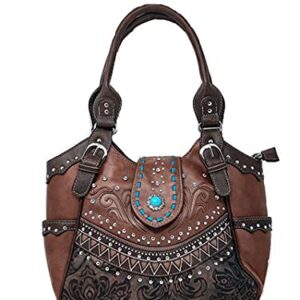 Texas West Western Style Rhinestone Concho Buckle Concealed Carry Purse Women Shoulder Bag in 4 colors (Brown)