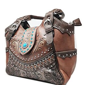 Texas West Western Style Rhinestone Concho Buckle Concealed Carry Purse Women Shoulder Bag in 4 colors (Brown)