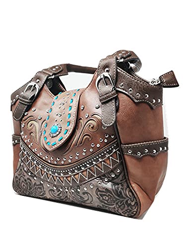 Texas West Western Style Rhinestone Concho Buckle Concealed Carry Purse Women Shoulder Bag in 4 colors (Brown)