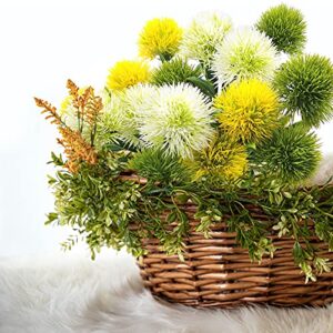 SNAIL GARDEN 15Pcs Artificial Dandelion, Artificial Flowers Plants Bouquet with 1 Vase Kraft Paper Bag-Plastic Shrubs Brushes Plant Fake Grass for Indoor Outdoor(White,Yellow,Green)