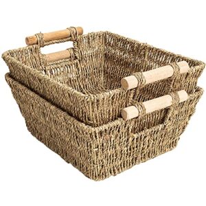 handmade woven wicker storage baskets, 2-pack, seagrass shelf baskets for organizing & sorting, toilet paper towel holder basket with wooden handles, iron frame, 11.8″ x 10.2″ x 4.8″