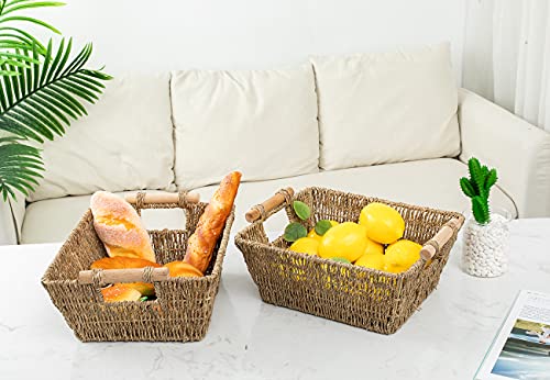 Handmade Woven Wicker Storage Baskets, 2-Pack, Seagrass Shelf Baskets for Organizing & Sorting, Toilet Paper Towel Holder Basket with Wooden Handles, Iron frame, 11.8" x 10.2" x 4.8"