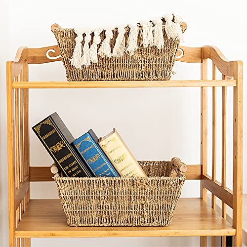 Handmade Woven Wicker Storage Baskets, 2-Pack, Seagrass Shelf Baskets for Organizing & Sorting, Toilet Paper Towel Holder Basket with Wooden Handles, Iron frame, 11.8" x 10.2" x 4.8"