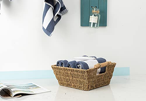 Handmade Woven Wicker Storage Baskets, 2-Pack, Seagrass Shelf Baskets for Organizing & Sorting, Toilet Paper Towel Holder Basket with Wooden Handles, Iron frame, 11.8" x 10.2" x 4.8"