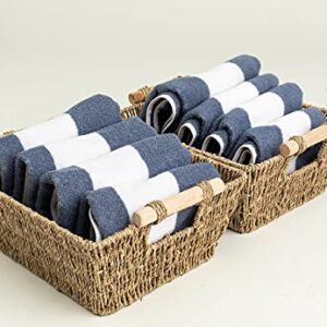 Handmade Woven Wicker Storage Baskets, 2-Pack, Seagrass Shelf Baskets for Organizing & Sorting, Toilet Paper Towel Holder Basket with Wooden Handles, Iron frame, 11.8" x 10.2" x 4.8"
