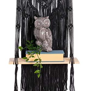 KALTEK Black Macrame Shelf with Flower Design | Boho Style with Floating Wood Shelf | Beautiful Handmade Black Macrame Shelf for Hanging Plants and Decor | Boho Wall Decor with Macrame Rope Shelving