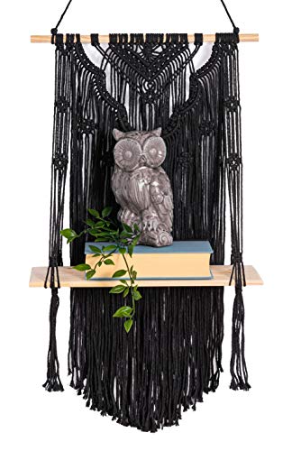 KALTEK Black Macrame Shelf with Flower Design | Boho Style with Floating Wood Shelf | Beautiful Handmade Black Macrame Shelf for Hanging Plants and Decor | Boho Wall Decor with Macrame Rope Shelving