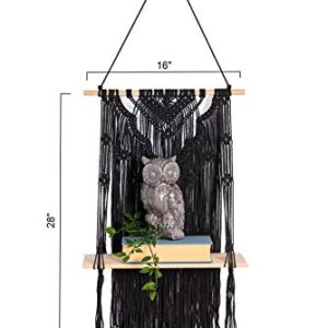 KALTEK Black Macrame Shelf with Flower Design | Boho Style with Floating Wood Shelf | Beautiful Handmade Black Macrame Shelf for Hanging Plants and Decor | Boho Wall Decor with Macrame Rope Shelving