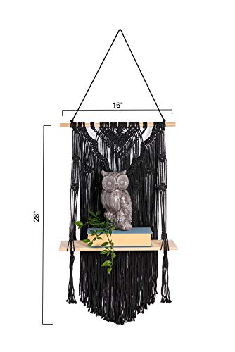 KALTEK Black Macrame Shelf with Flower Design | Boho Style with Floating Wood Shelf | Beautiful Handmade Black Macrame Shelf for Hanging Plants and Decor | Boho Wall Decor with Macrame Rope Shelving