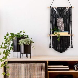 KALTEK Black Macrame Shelf with Flower Design | Boho Style with Floating Wood Shelf | Beautiful Handmade Black Macrame Shelf for Hanging Plants and Decor | Boho Wall Decor with Macrame Rope Shelving