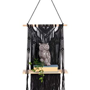 KALTEK Black Macrame Shelf with Flower Design | Boho Style with Floating Wood Shelf | Beautiful Handmade Black Macrame Shelf for Hanging Plants and Decor | Boho Wall Decor with Macrame Rope Shelving