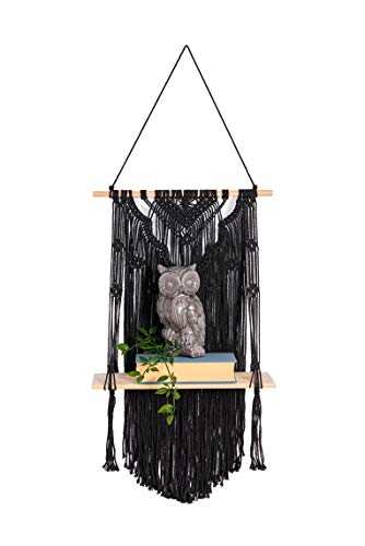 KALTEK Black Macrame Shelf with Flower Design | Boho Style with Floating Wood Shelf | Beautiful Handmade Black Macrame Shelf for Hanging Plants and Decor | Boho Wall Decor with Macrame Rope Shelving