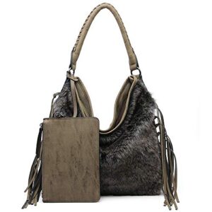 shomico fur hobo bag fringe purse for women boho shoulder big (large fur brown)