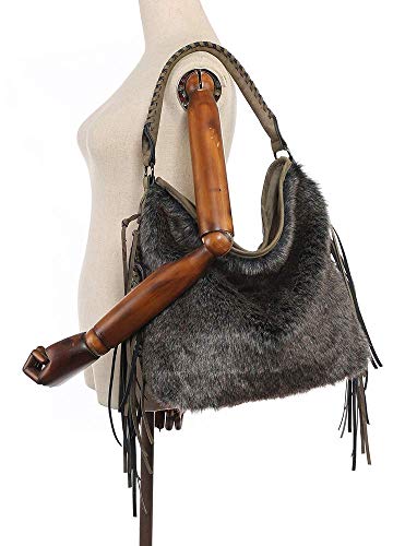 SHOMICO Fur Hobo Bag Fringe Purse for Women Boho shoulder Big (Large Fur Brown)
