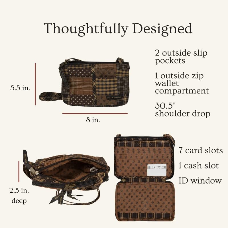 Bella Taylor Ironstone Essentials Quilted Cotton Country Patchwork Wallet Crossbody Purse; Chestnut, Khaki and Black