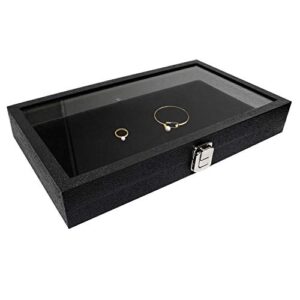 ikee design leatherette wooden jewelry display case with glass top and black velvet pad, home organization storage box, wooden jewelry tray for collectibles, 14.75″ w x 8.25″ d x 2.13”h