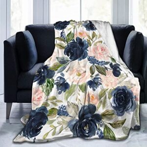 all seasons soft and warm lightweight blankets navy blue and pink watercolor floral flannel fleece throw blanket for bed couch living room office sofa 60″x50″