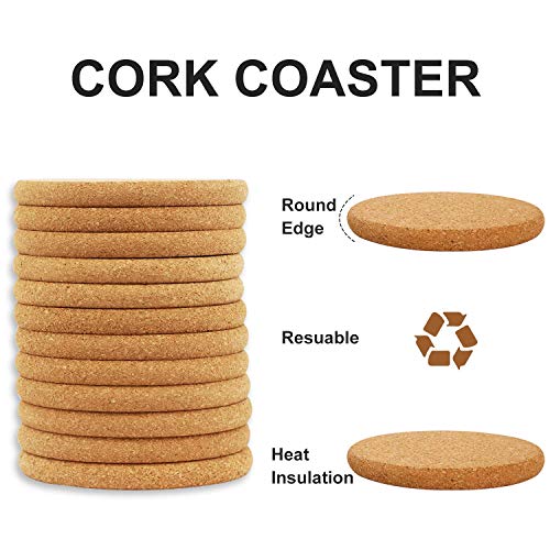 Cork Round Edge Coasters -12 Packs Extra Thick Wooden Drink Coaster, 4 inch Diameter and 2/5 inch Thick Plain Absorbent and Reusable Saucers for Hot&Cold Drink