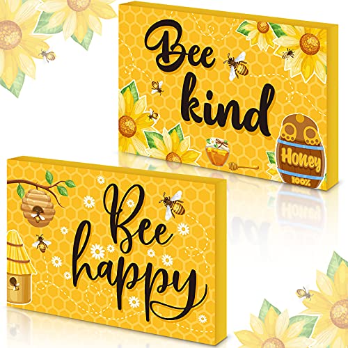 Jetec 2 Pieces Bee Happy Wood Sign Bee Kind Wood Decor Bee Sign Rustic Wooden Wall Decor Bee Wooden Sign Farmhouse Bee Box Signs Bee Happy Wooden Plaque for Home Party Door Decoration