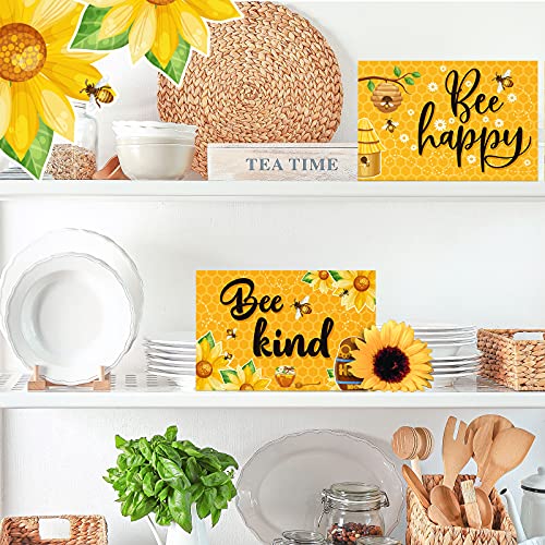 Jetec 2 Pieces Bee Happy Wood Sign Bee Kind Wood Decor Bee Sign Rustic Wooden Wall Decor Bee Wooden Sign Farmhouse Bee Box Signs Bee Happy Wooden Plaque for Home Party Door Decoration