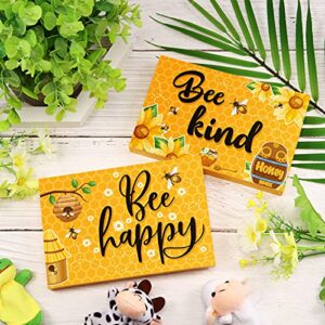 Jetec 2 Pieces Bee Happy Wood Sign Bee Kind Wood Decor Bee Sign Rustic Wooden Wall Decor Bee Wooden Sign Farmhouse Bee Box Signs Bee Happy Wooden Plaque for Home Party Door Decoration