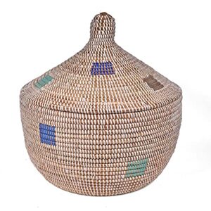 african fair trade handwoven warming basket, white with multicolor squares