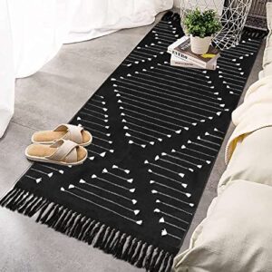 Boho Kitchen Rug Cotton Cotton Bedroom Runner Rug Black White Moroccan Woven Bathroom Rug with Tassels 2'x4.3' Machine Washable Mat Sink Floor Carpet for Hallway Entryway Living Room Front Door