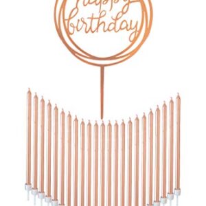 24 Count Tall Thin Metallic Rose Gold Slow Burning Birthday Candles in Holders with Matching Elegant Classy Cake Topper for Special Custom Birthday Cake Cupcake Decorations by Dream VZN