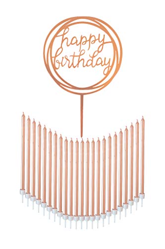 24 Count Tall Thin Metallic Rose Gold Slow Burning Birthday Candles in Holders with Matching Elegant Classy Cake Topper for Special Custom Birthday Cake Cupcake Decorations by Dream VZN