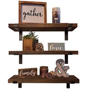 ty creations wall mounted floating shelves set of 3, rustic wood decorative wall storage shelves with metal l bracket for kitchen, livingroom, bedroom, bathroom and office