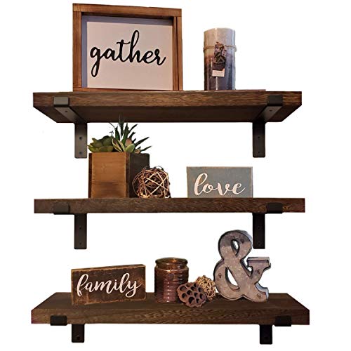 Ty Creations Wall Mounted Floating Shelves Set of 3, Rustic Wood Decorative Wall Storage Shelves with Metal L Bracket for Kitchen, Livingroom, Bedroom, Bathroom and Office