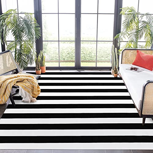 Cotton Black and White Striped Area Rug 5.7' x 7.7', Indoor Outdoor Patio Rugs Farmhouse Hand-Woven Large Rug Washable Clearance Collection Rugs Floor Mat Carpet for Bedroom,Laundry,Living Room