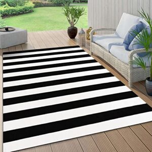 Cotton Black and White Striped Area Rug 5.7' x 7.7', Indoor Outdoor Patio Rugs Farmhouse Hand-Woven Large Rug Washable Clearance Collection Rugs Floor Mat Carpet for Bedroom,Laundry,Living Room