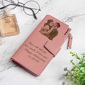 Personalized Photo Wallets for Women Custom Engraved Leather Clutch Wallet Womens Large Phone Holder Gifts for Mom Wife Friend Sister at Birthday, Anniversary, Thanksgiving, Mothers Day, Christmas